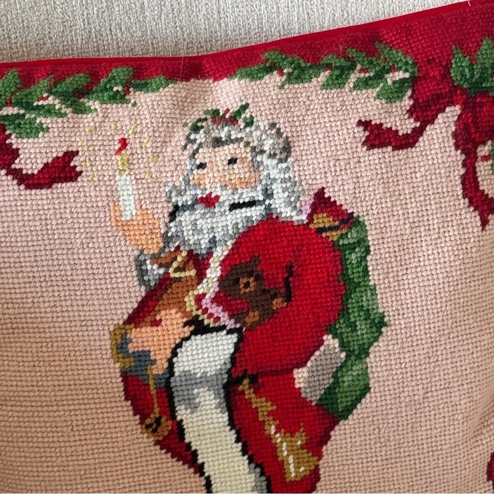 Handmade Needlepoint pillow santa claus St. Nick christmas velvet square bows